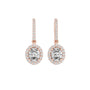 Rose gold oval diamond halo drop earrings with oval-cut center and pavé border