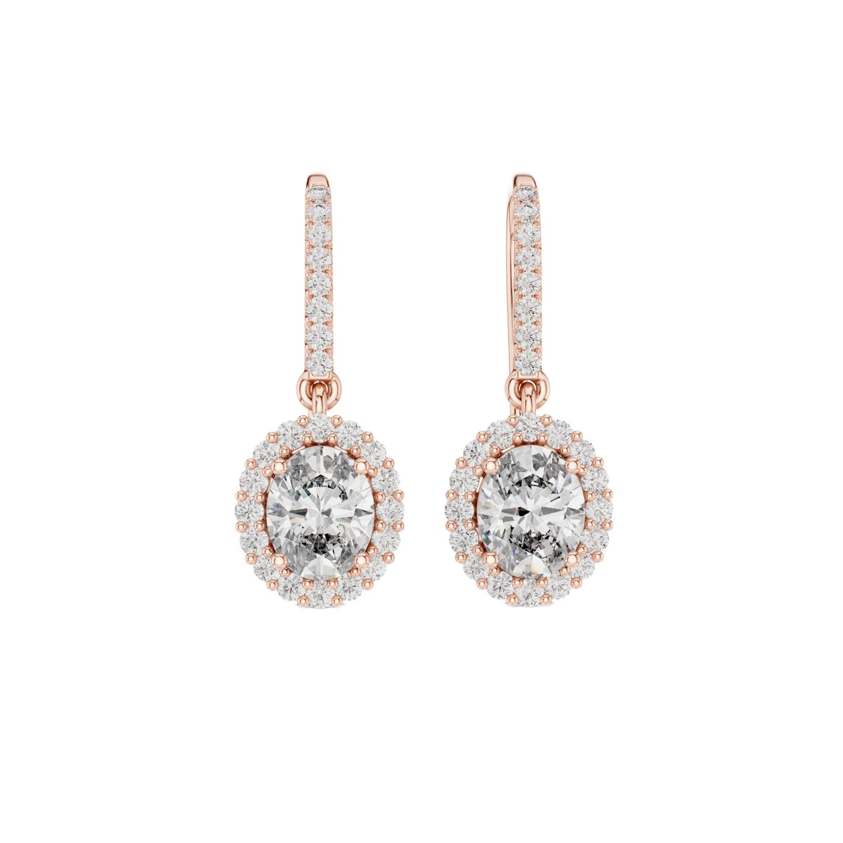 Rose gold oval diamond halo drop earrings with oval-cut center and pavé border