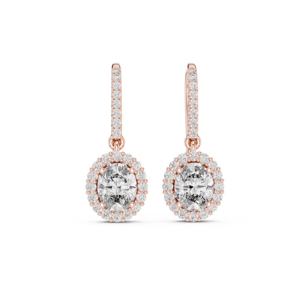 Rose gold oval diamond halo drop earrings with oval-cut center and pavé border