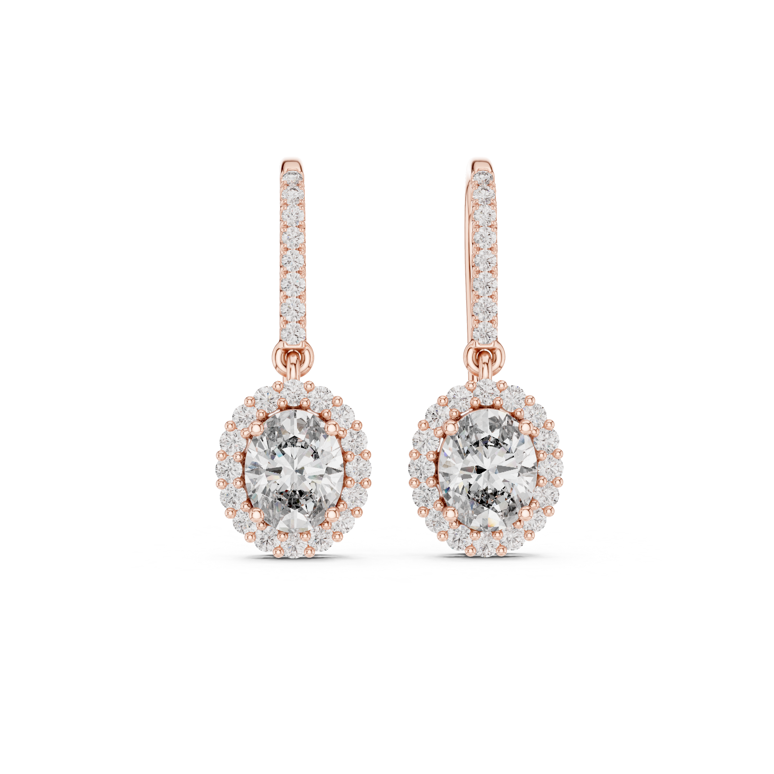 Rose gold oval diamond halo drop earrings with oval-cut center and pavé border