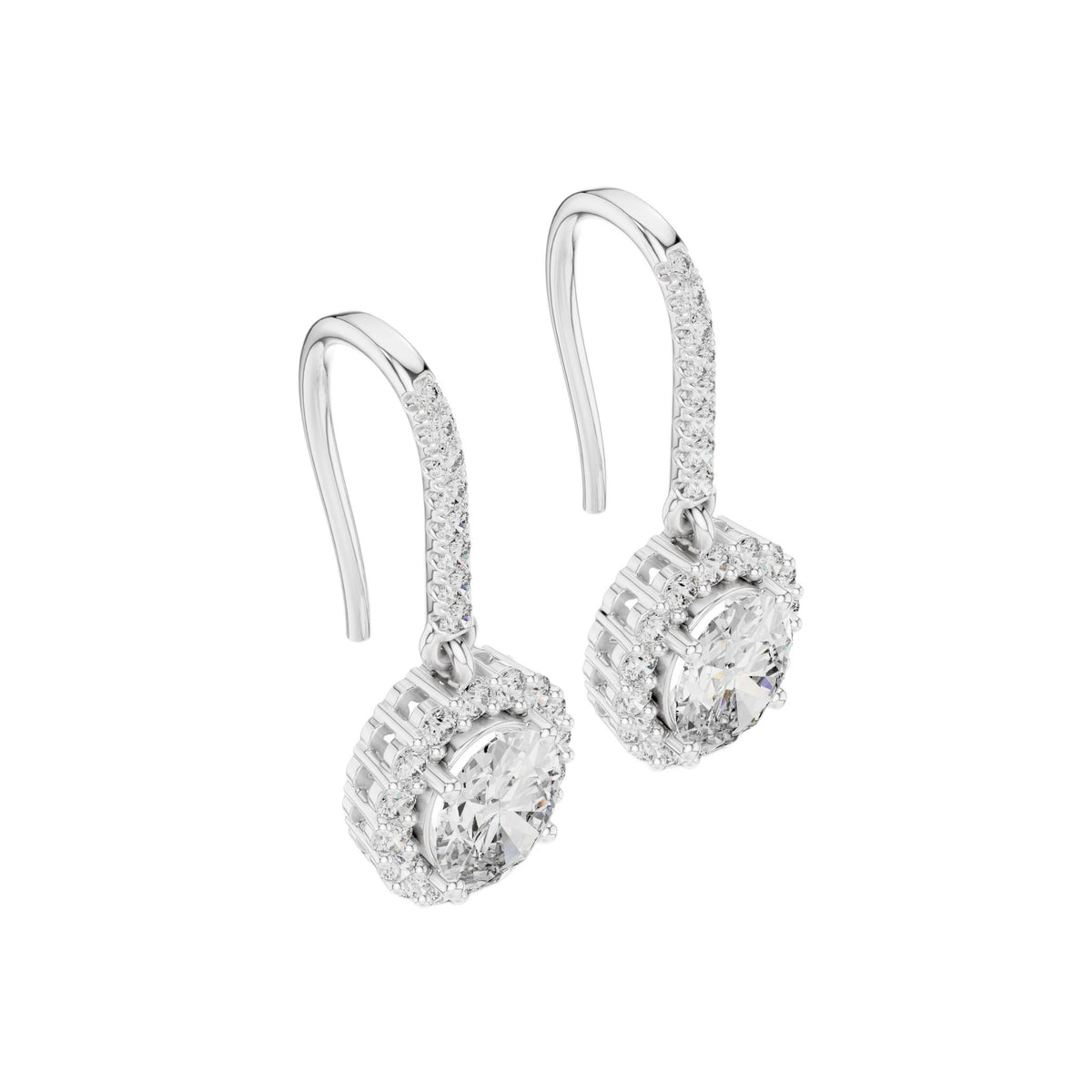 White gold oval diamond halo drop earrings with pavé detail and faceted center