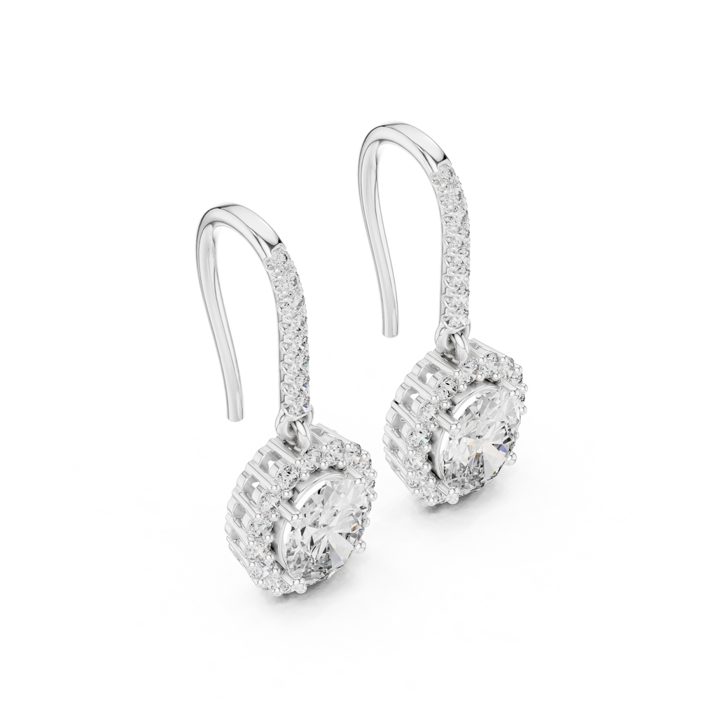 White gold oval diamond halo drop earrings with pavé detail and faceted center