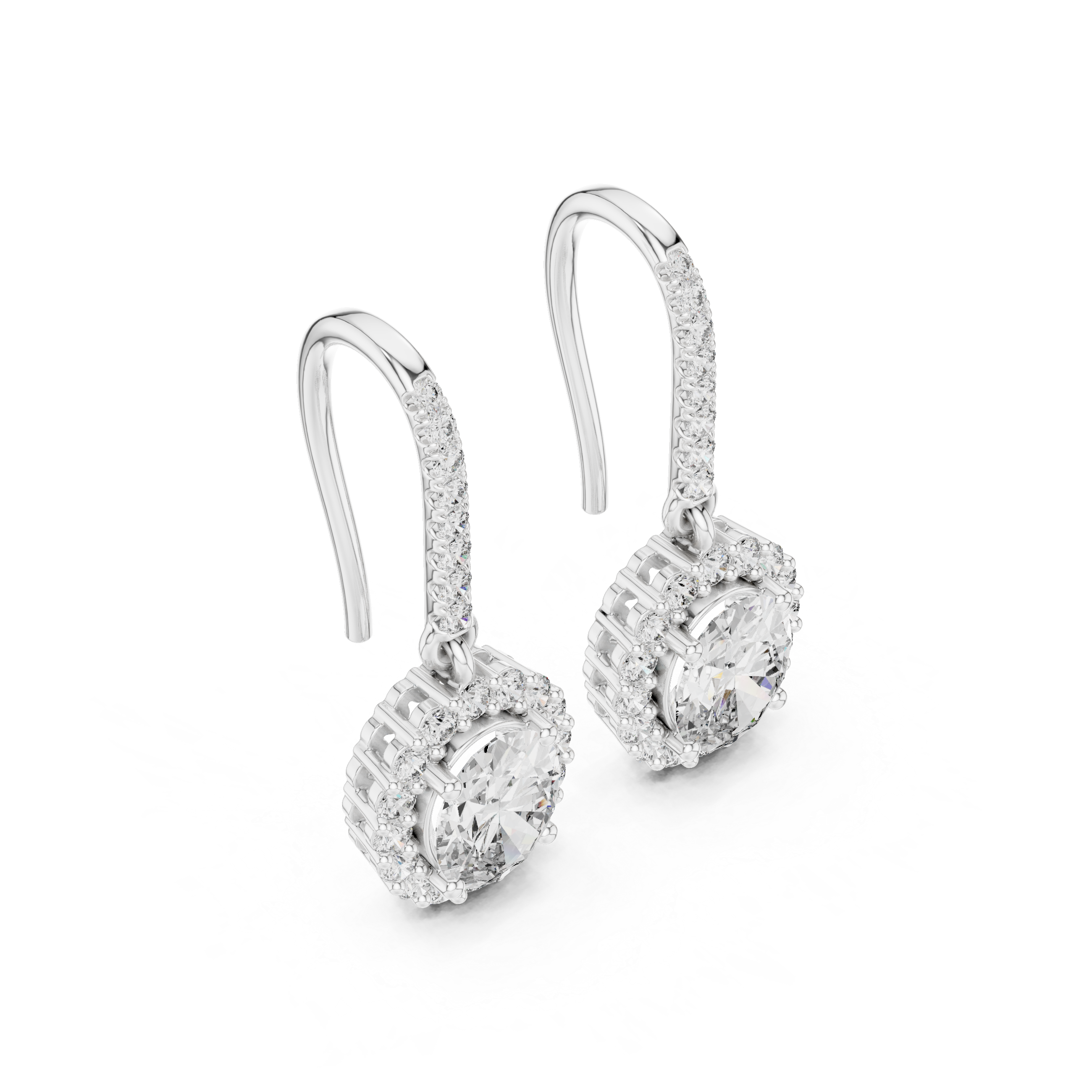 White gold oval diamond halo drop earrings with pavé detail and faceted center
