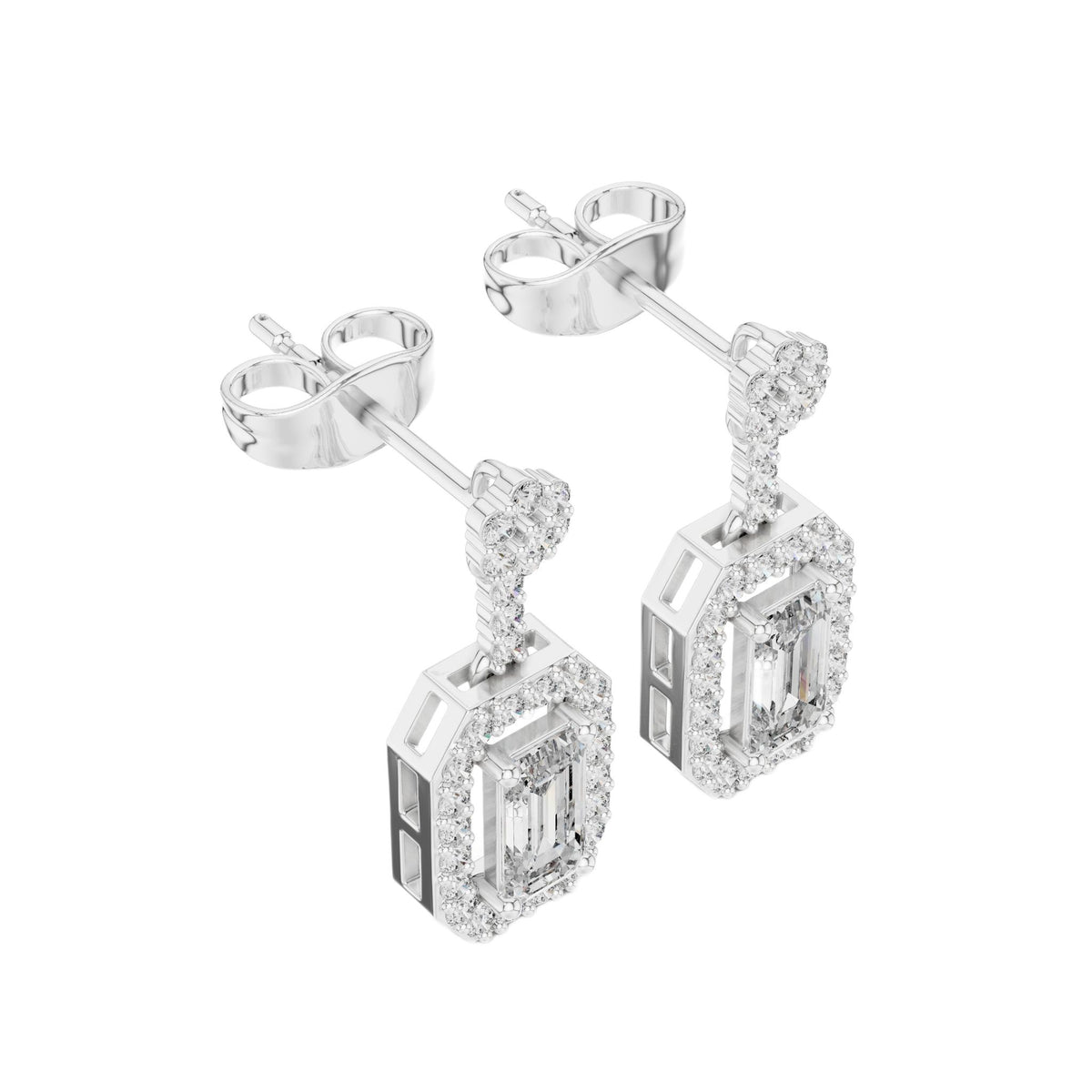 White gold emerald-cut diamond drop earrings with pavé halo, geometric frames