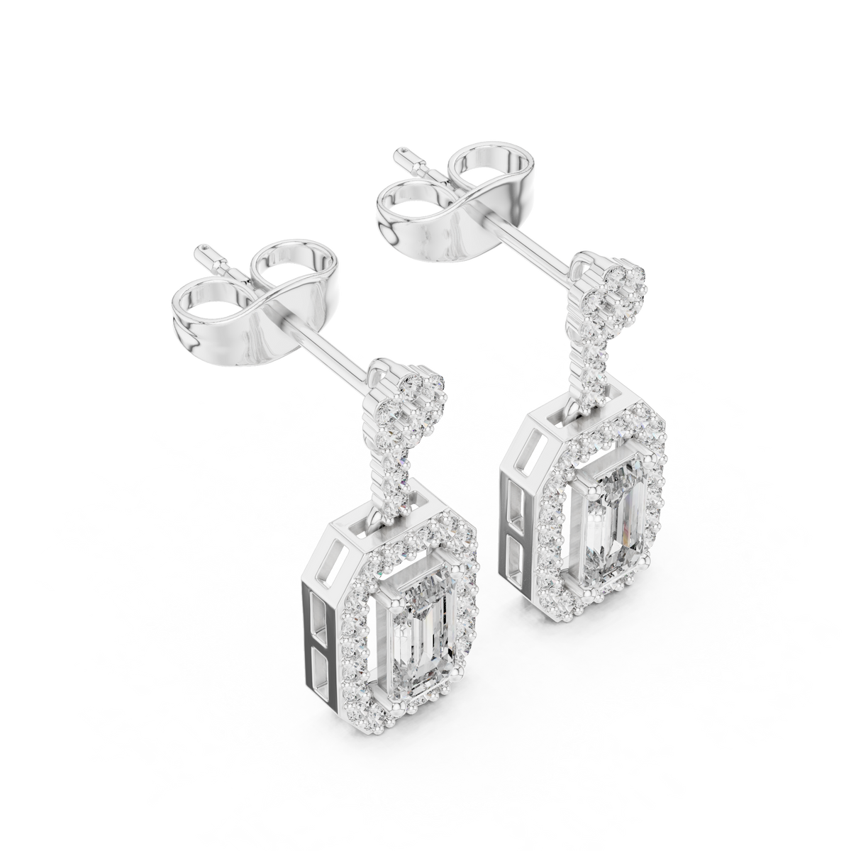White gold emerald-cut diamond drop earrings with pavé halo, geometric frames