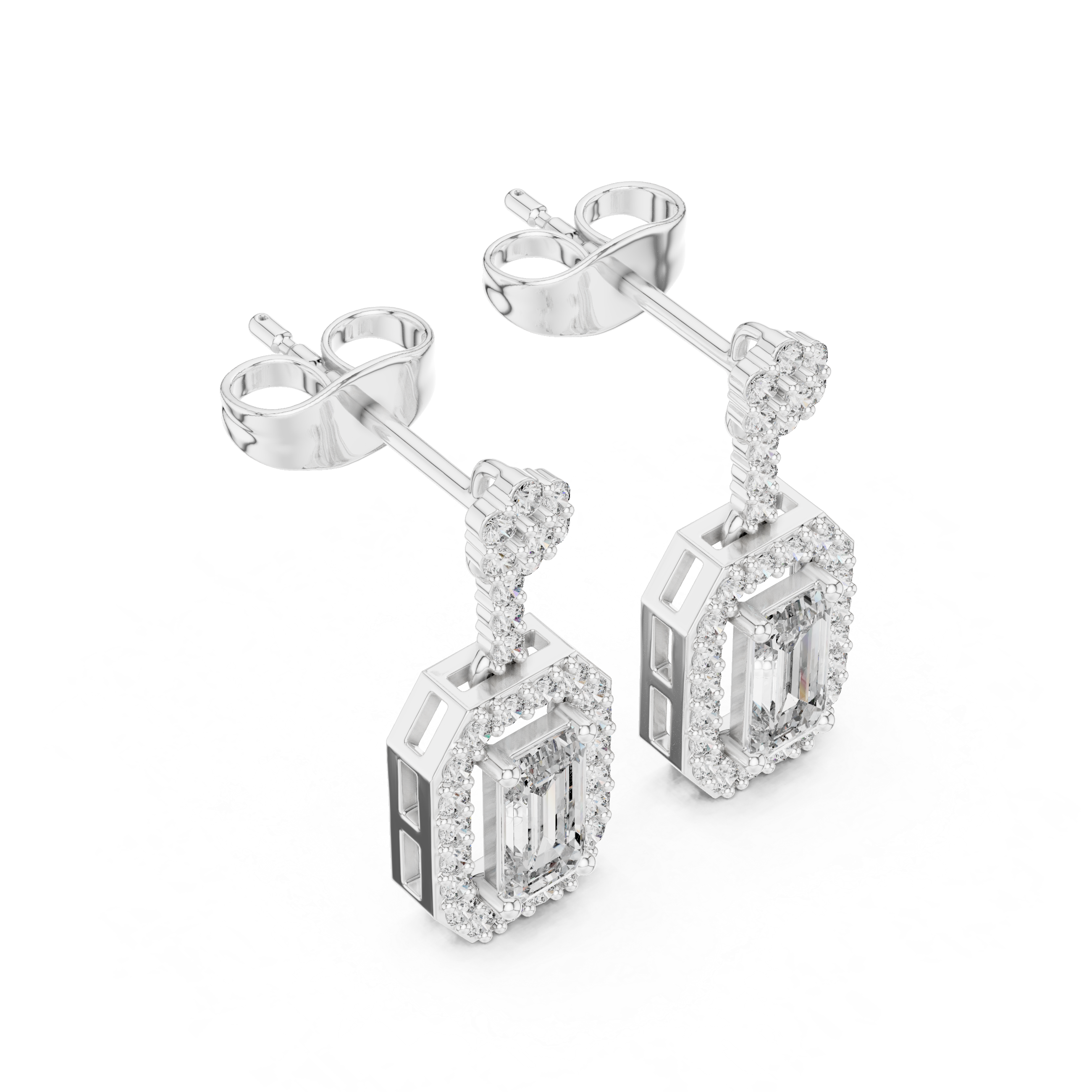 White gold drop earrings with rectangular center stones and pavé halo frames