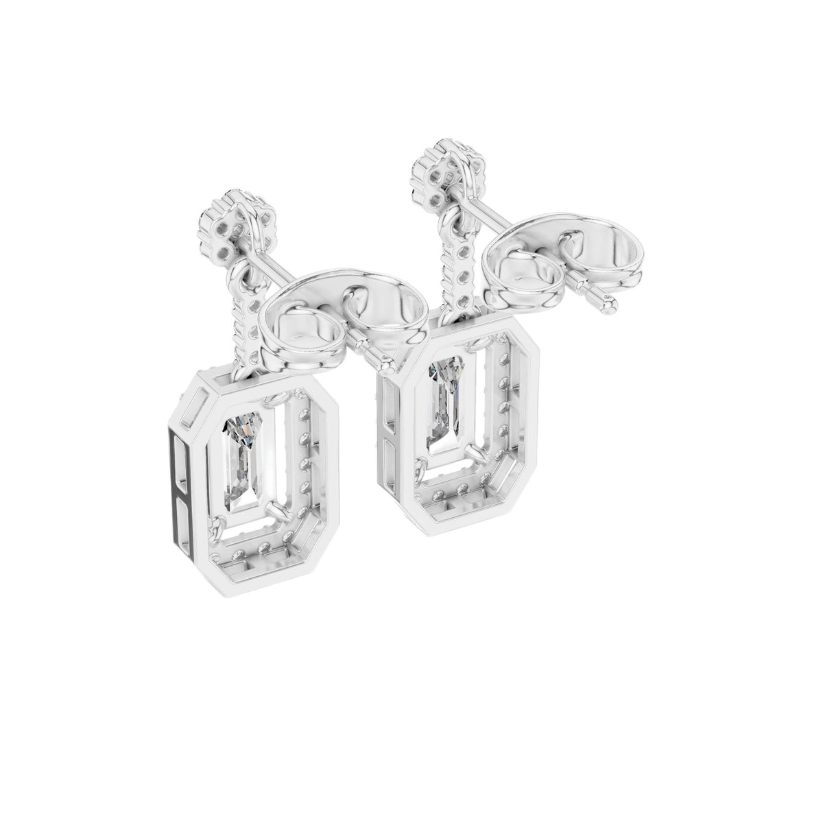 White gold emerald-cut diamond drop earrings, side view of rectangular settings