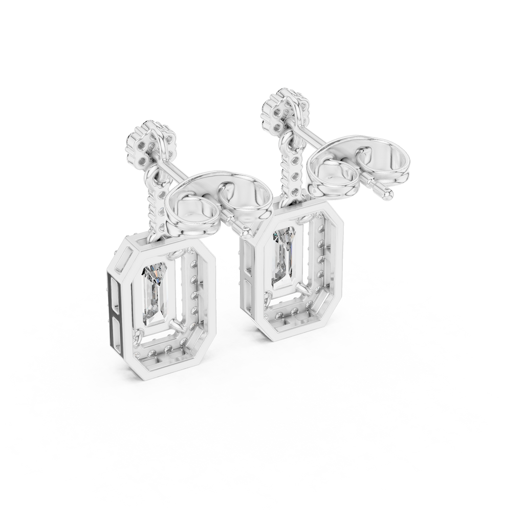 White gold drop earrings with framed rectangular stones and sparkling pavé edges
