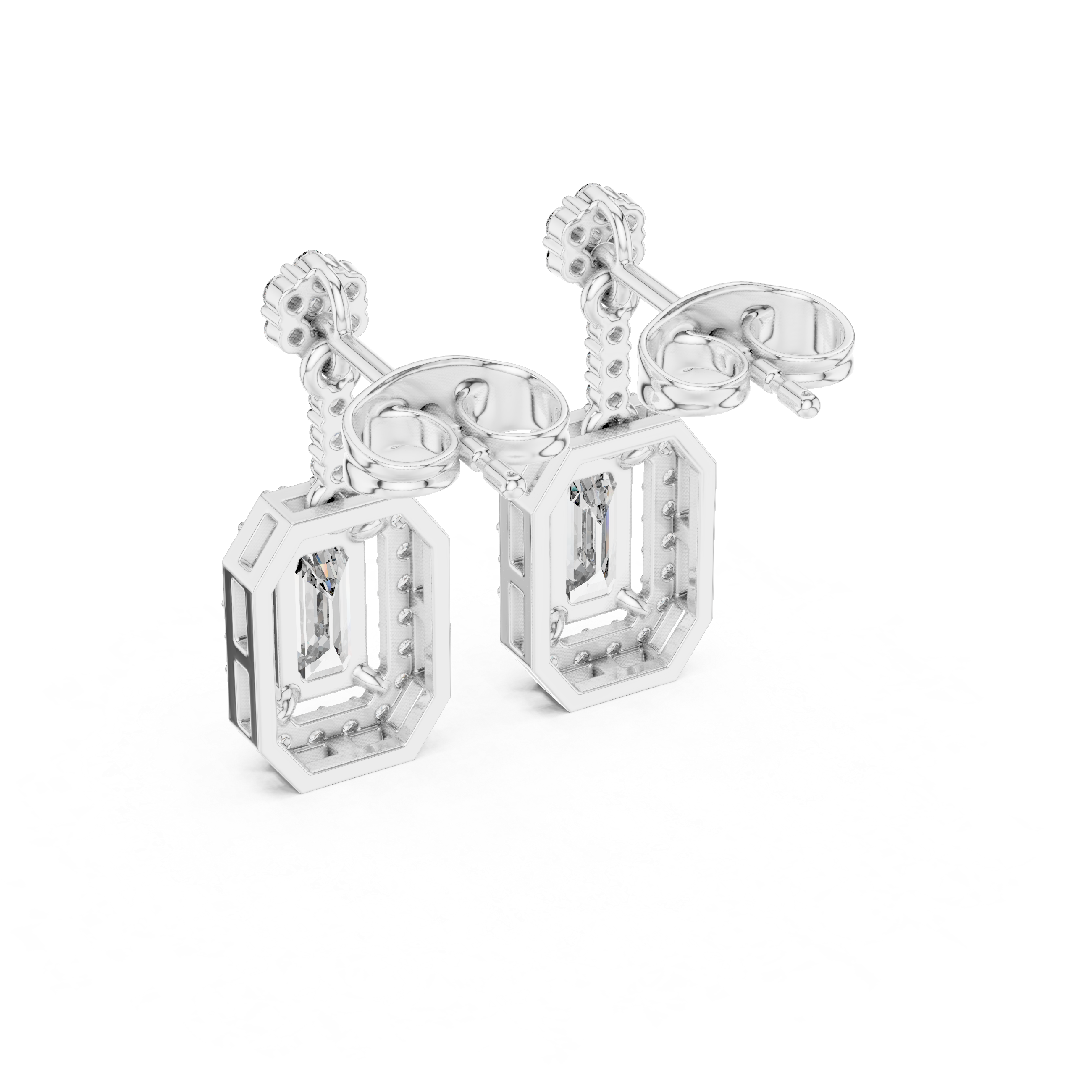 White gold drop earrings with framed rectangular stones and sparkling pavé edges