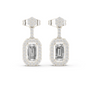 White gold dangling earrings with emerald-cut center, pavé halo and hoop back