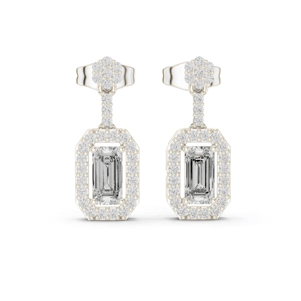 White gold dangling earrings with emerald-cut center, pavé halo and hoop back