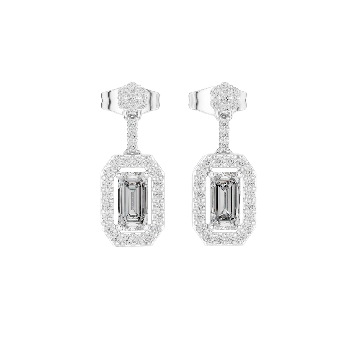 White gold emerald-cut diamond drop earrings with pavé oval frames and studs
