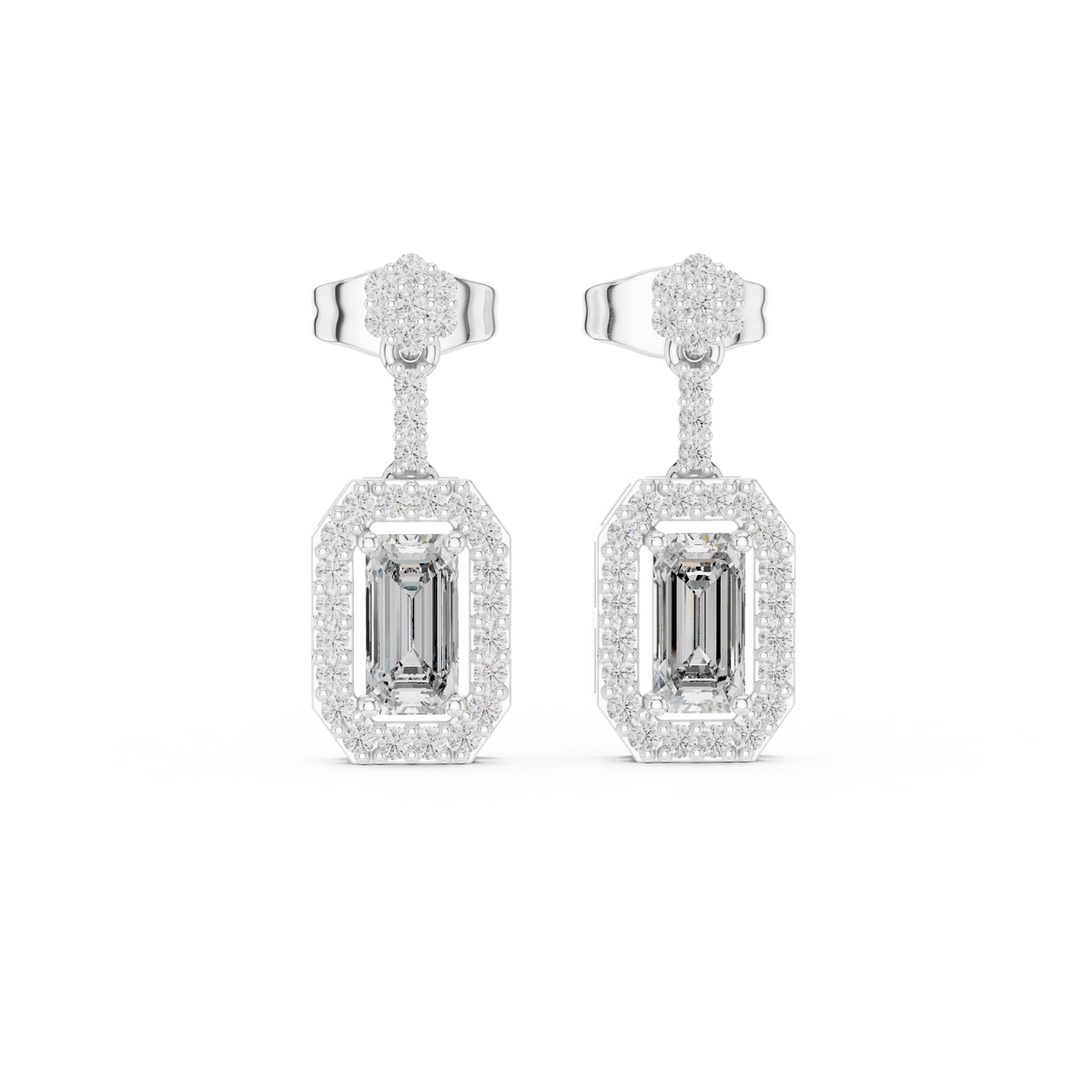 White gold emerald-cut diamond drop earrings with pavé oval frames and studs