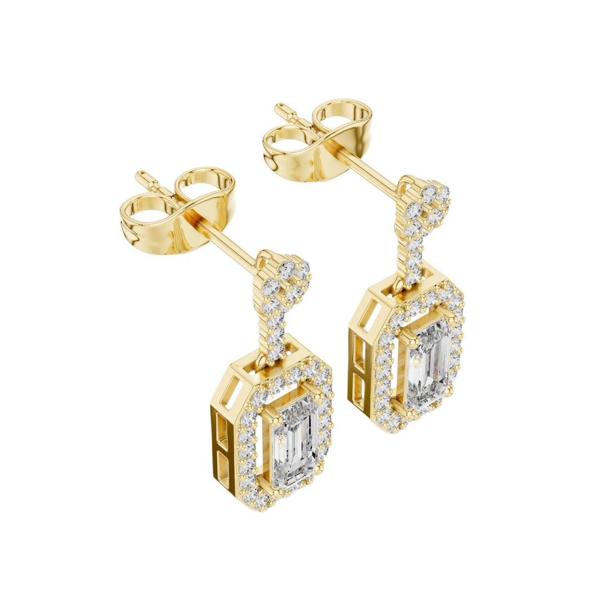 Yellow gold emerald-cut diamond drop earrings with pavé halo, geometric frames