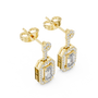 Yellow gold emerald-cut diamond drop earrings with pavé halo, geometric frames