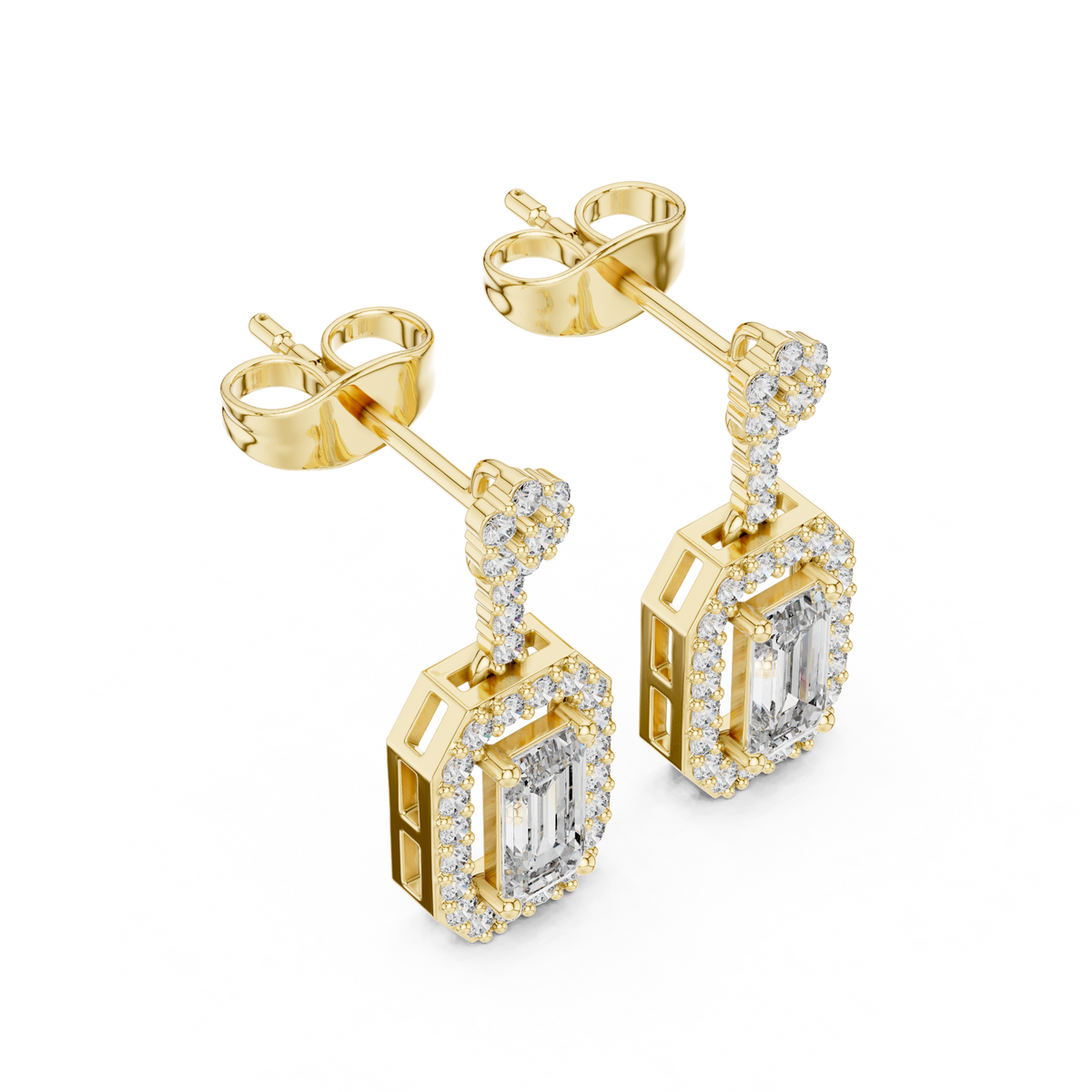 Yellow gold emerald-cut diamond drop earrings with pavé halo, geometric frames