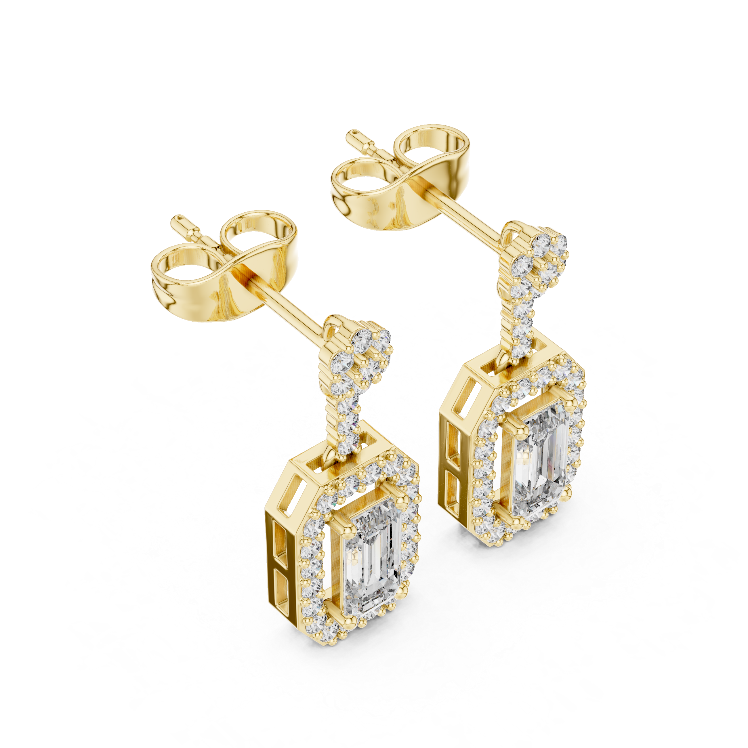 Yellow gold drop earrings with rectangular center stones and glittering pavé halo