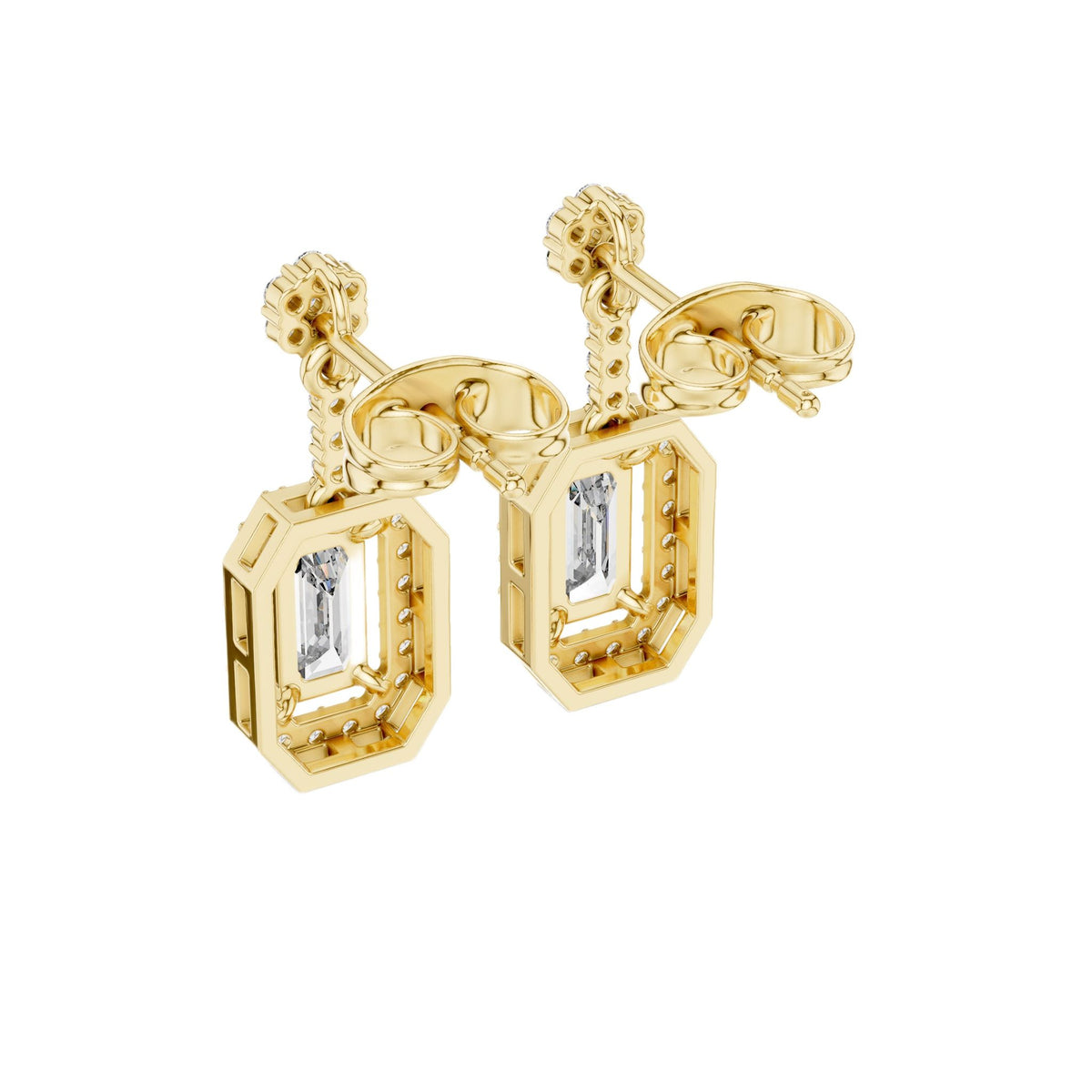 Yellow gold emerald-cut diamond drop earrings, side view of rectangular settings