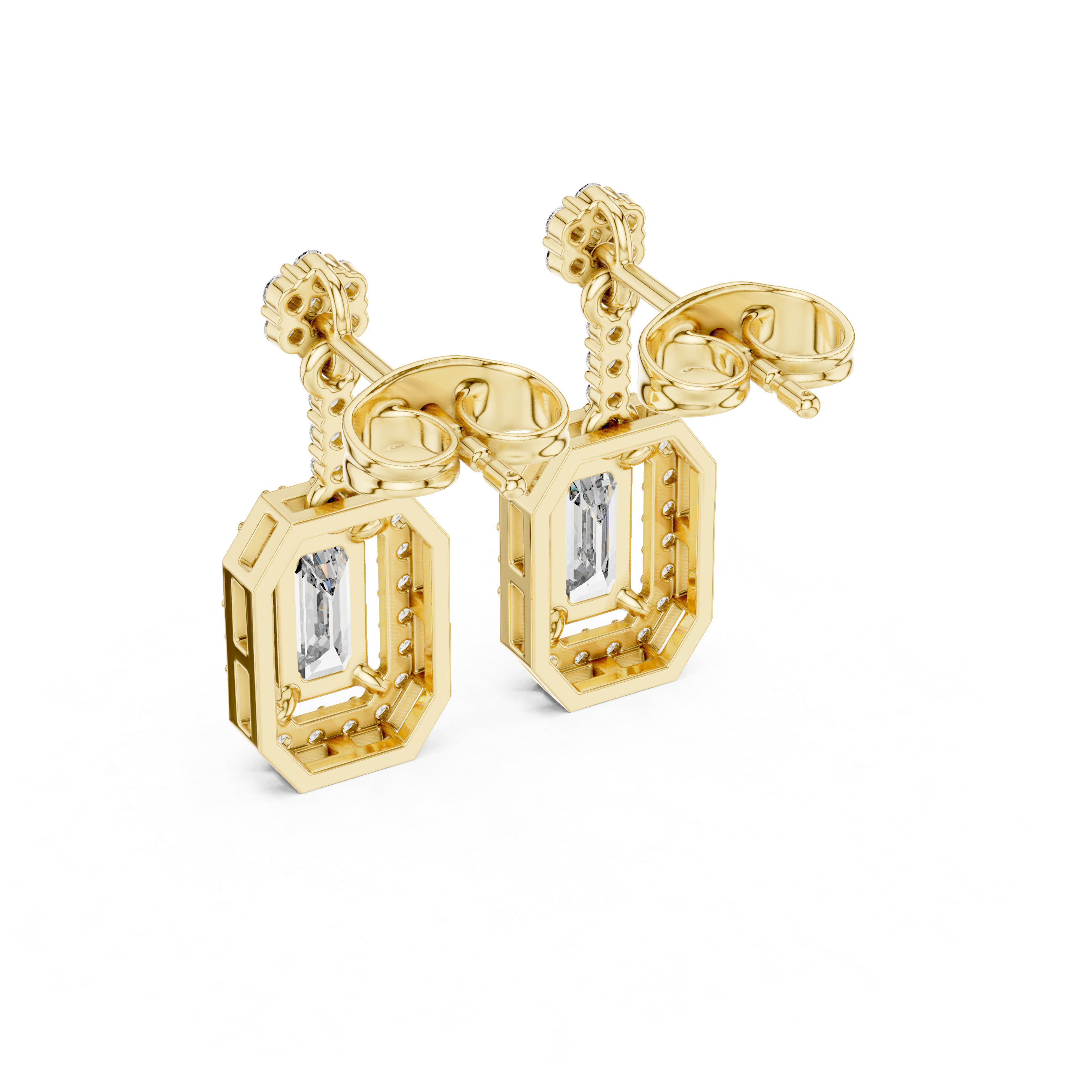 Yellow gold drop earrings with framed rectangular stones and sparkling pavé borders