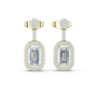 Gold-tone dangling earrings with rectangular and round pavé gemstone halos