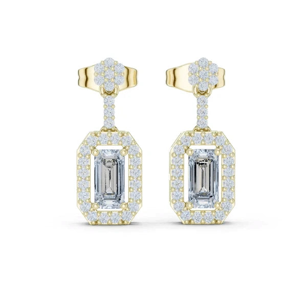 Gold-tone dangling earrings with rectangular and round pavé gemstone halos