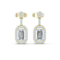 Gold-tone dangling earrings with rectangular and round pavé gemstone halos