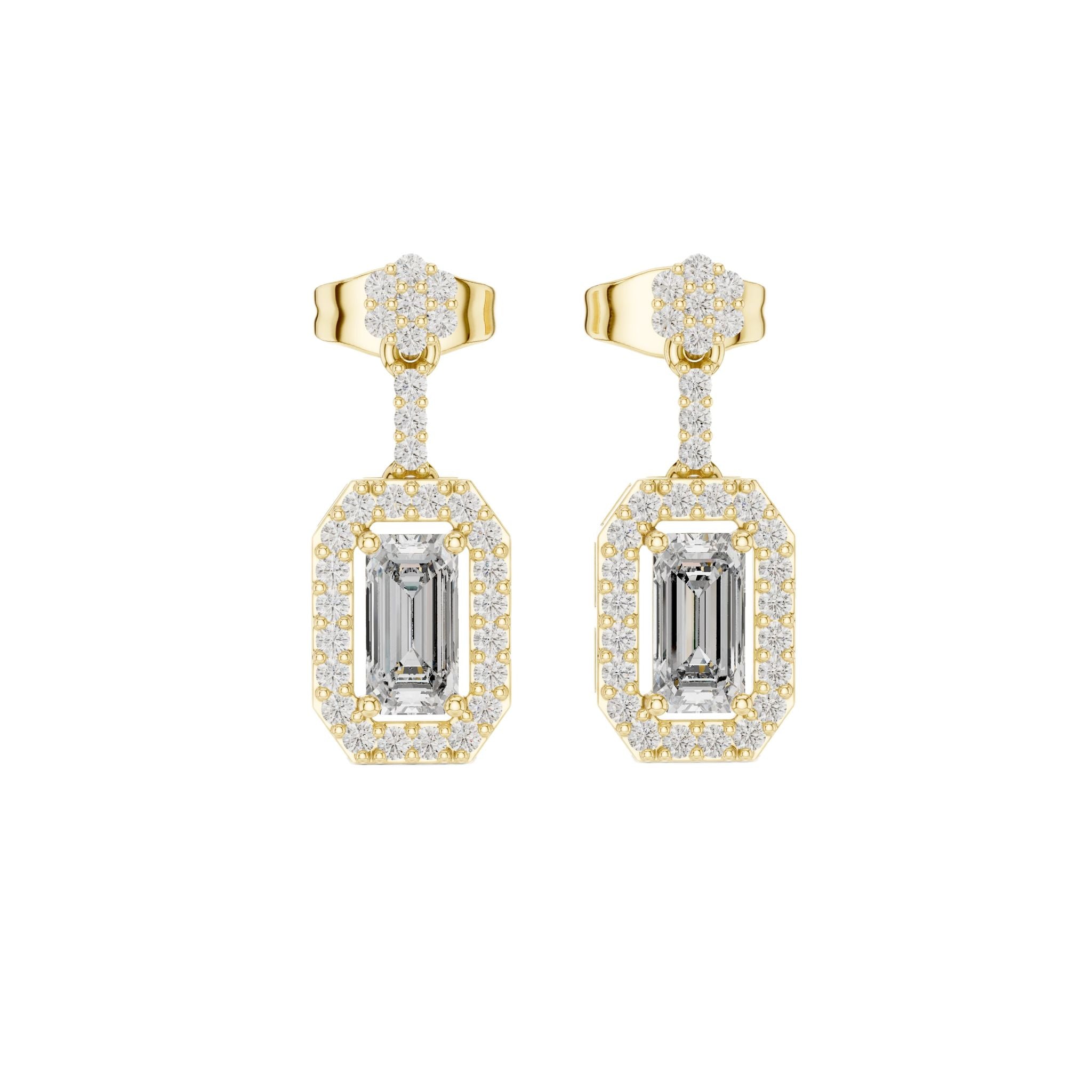 Yellow gold emerald-cut diamond drop earrings with pavé oval frames and studs