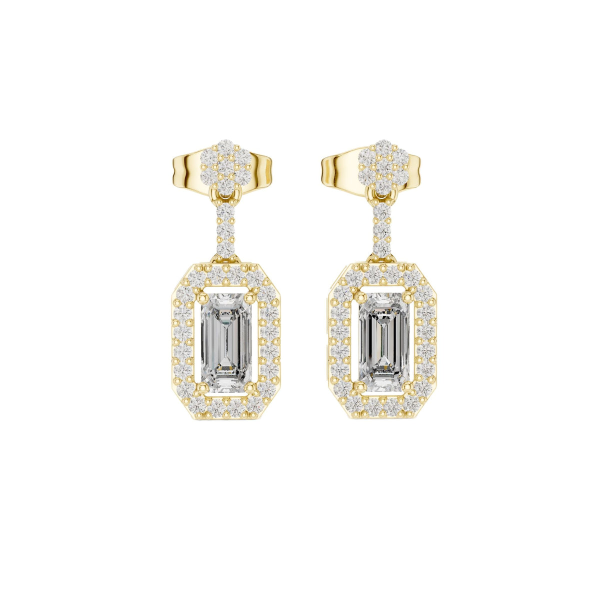 Yellow gold emerald-cut diamond drop earrings with pavé oval frames and studs