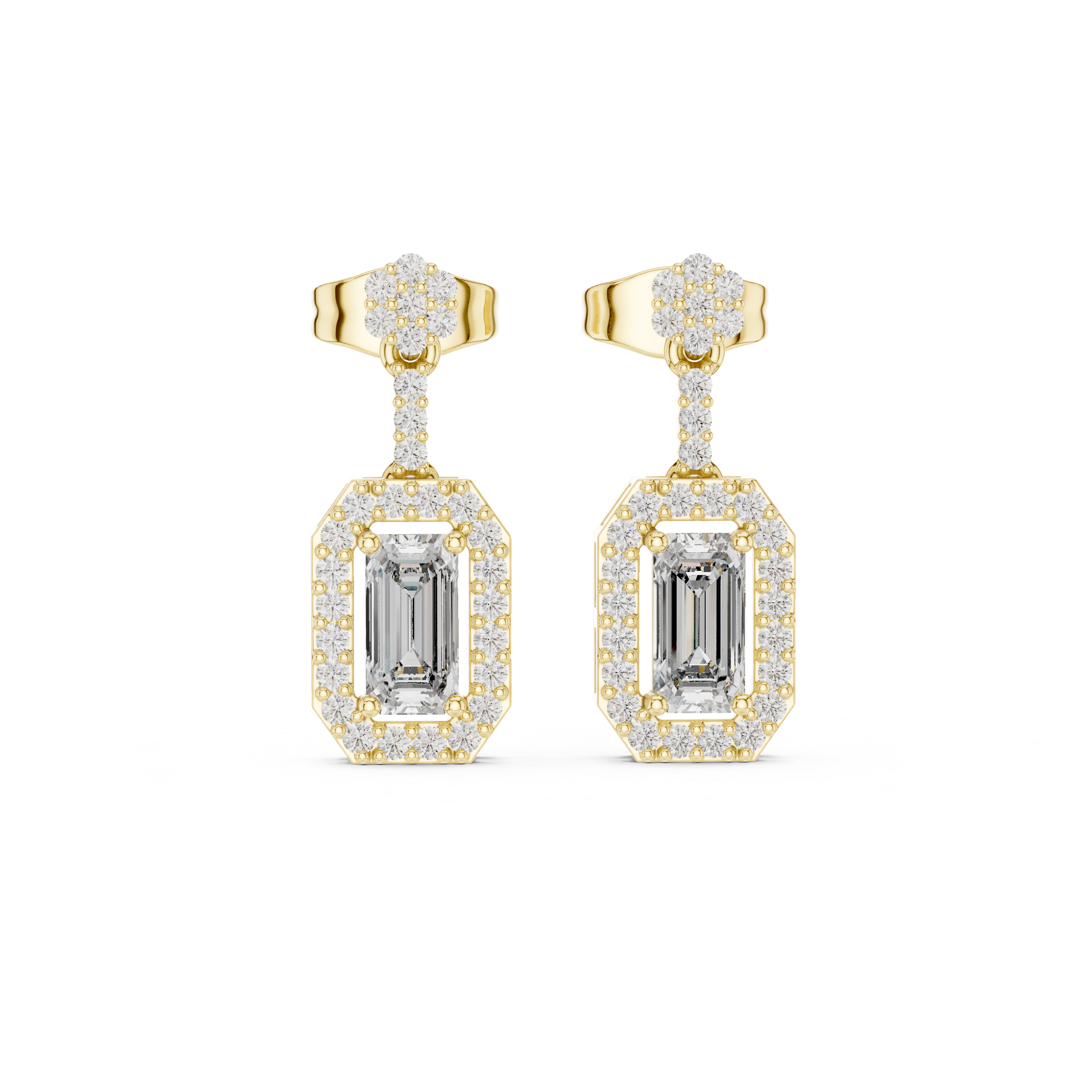 Yellow gold emerald-cut diamond drop earrings with pavé oval frames and studs