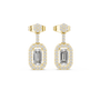 Yellow gold emerald-cut diamond drop earrings with pavé oval frames and studs