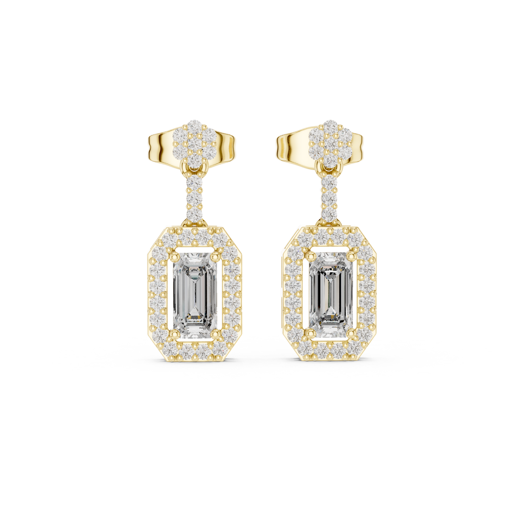Yellow gold drop earrings with rectangular crystal center and pavé halo