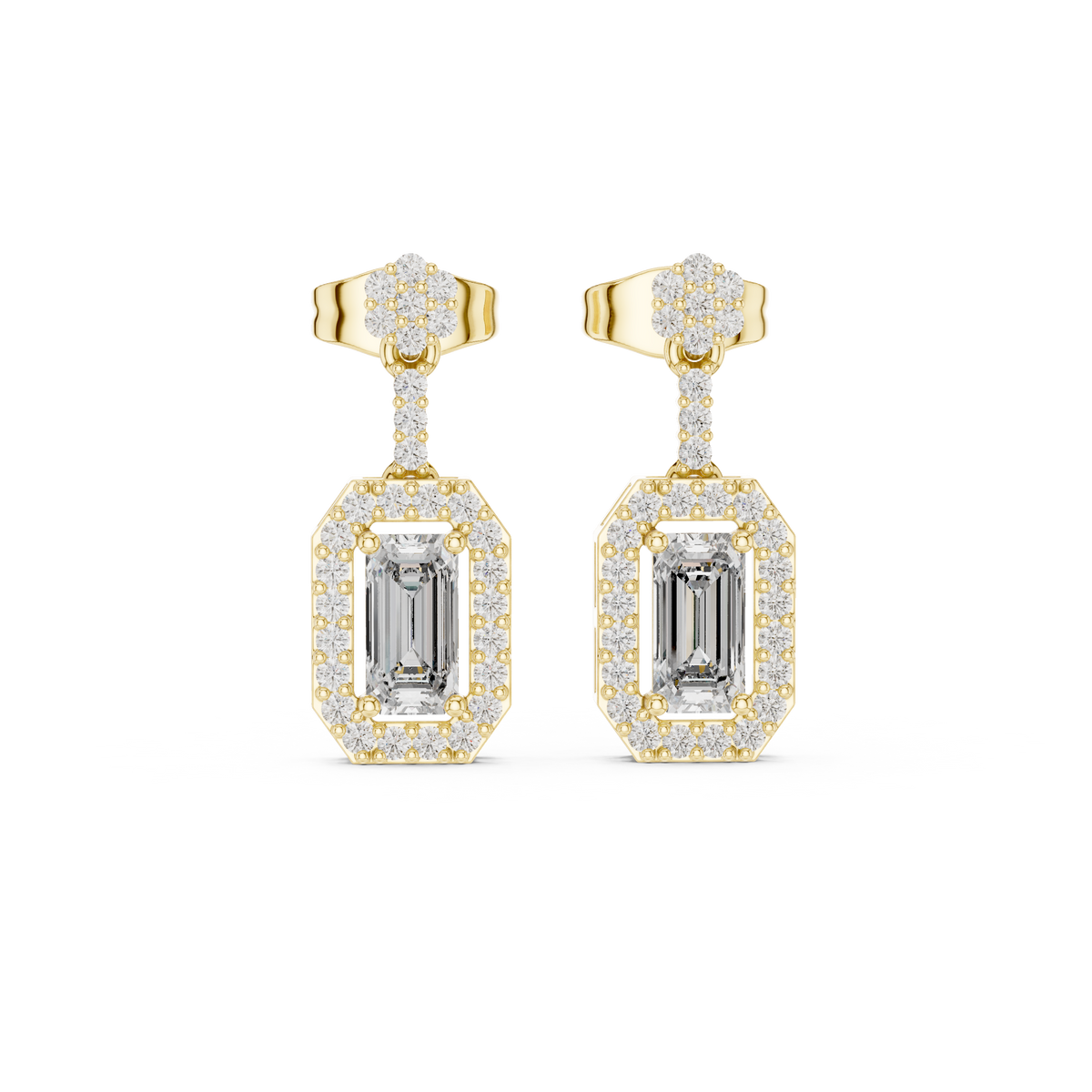 Yellow gold emerald-cut diamond drop earrings with pavé oval frames and studs