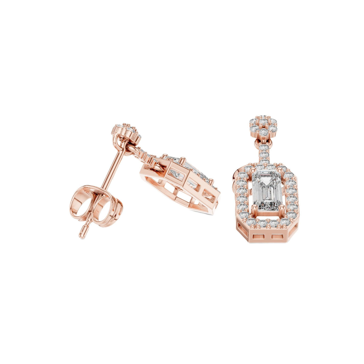 Rose gold emerald-cut diamond drop earrings with pavé settings, angled view