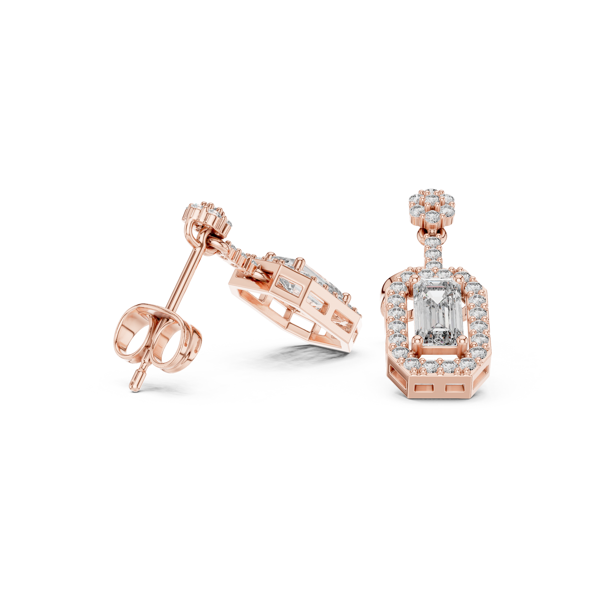 Rose gold emerald-cut diamond drop earrings with pavé settings, angled view