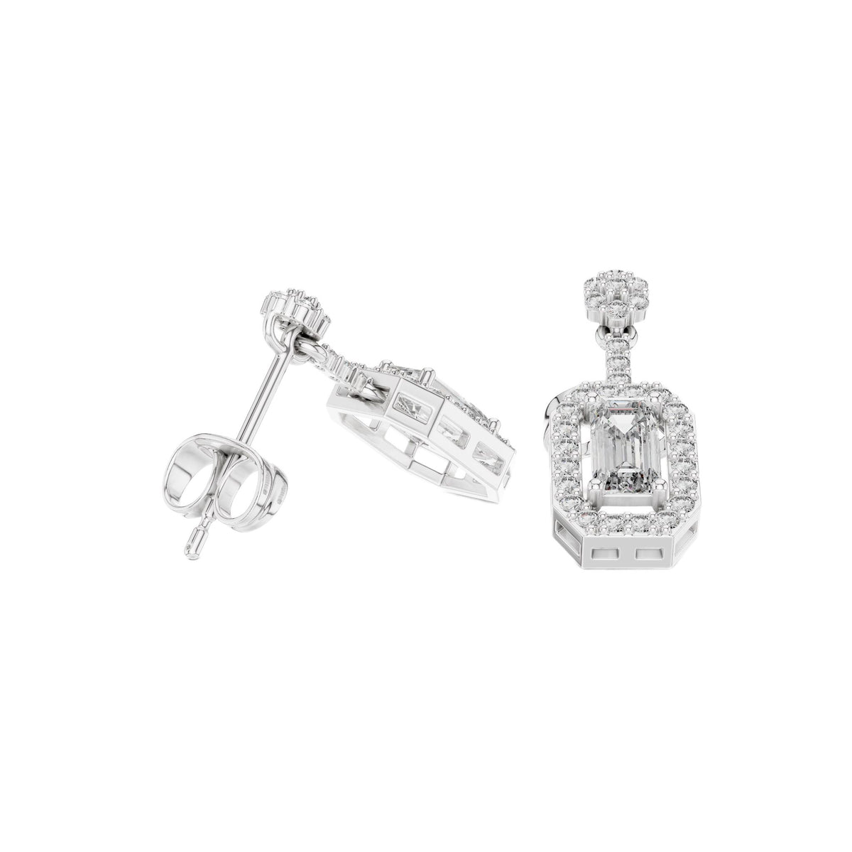 White gold drop earrings with rectangular crystal center and pavé halo