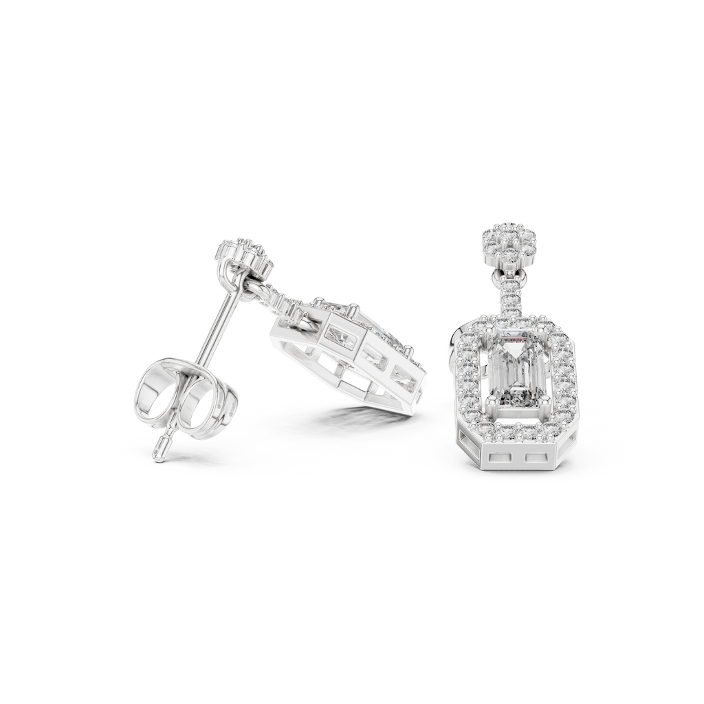 White gold drop earrings with rectangular crystal center and pavé halo
