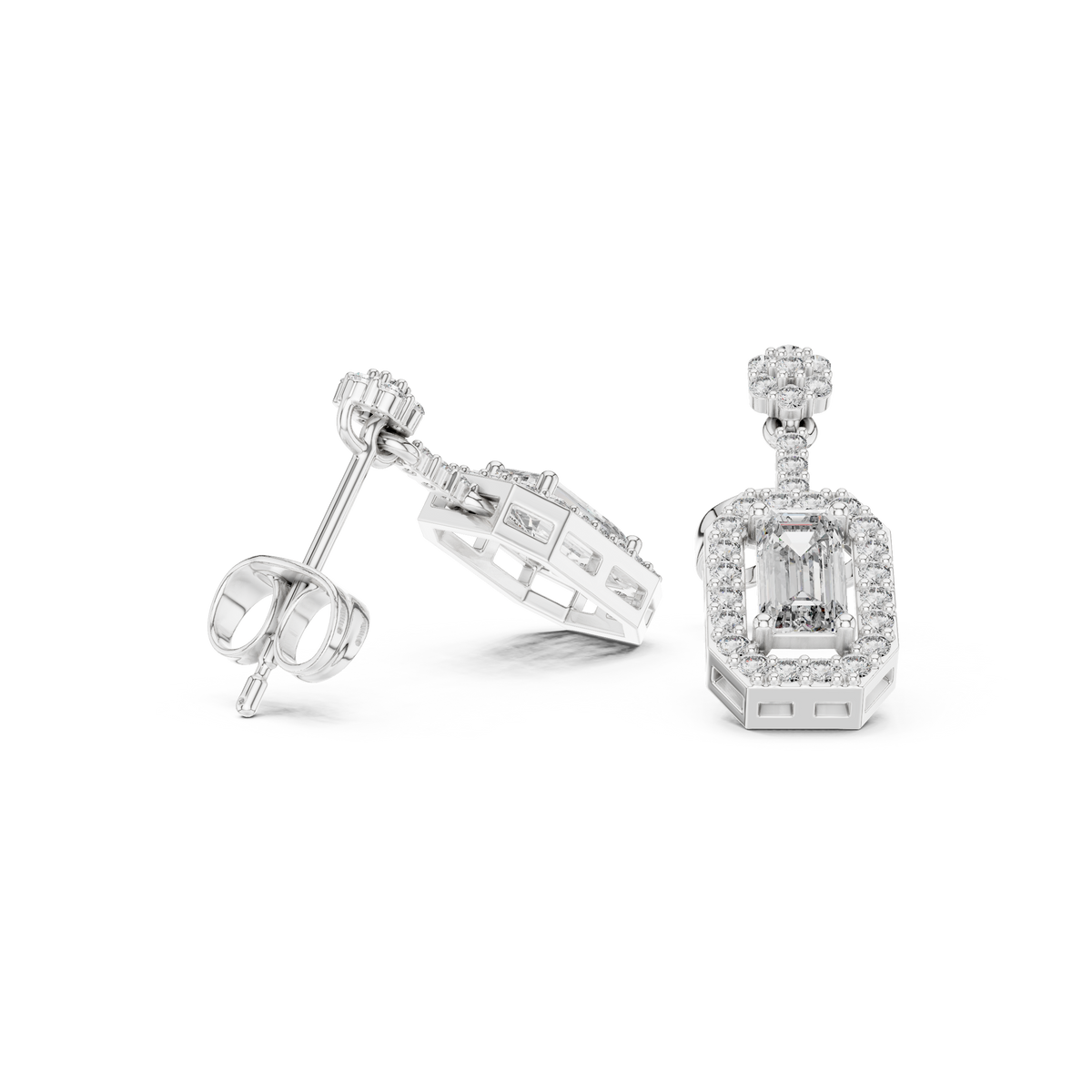 White gold drop earrings with rectangular crystal center and pavé halo