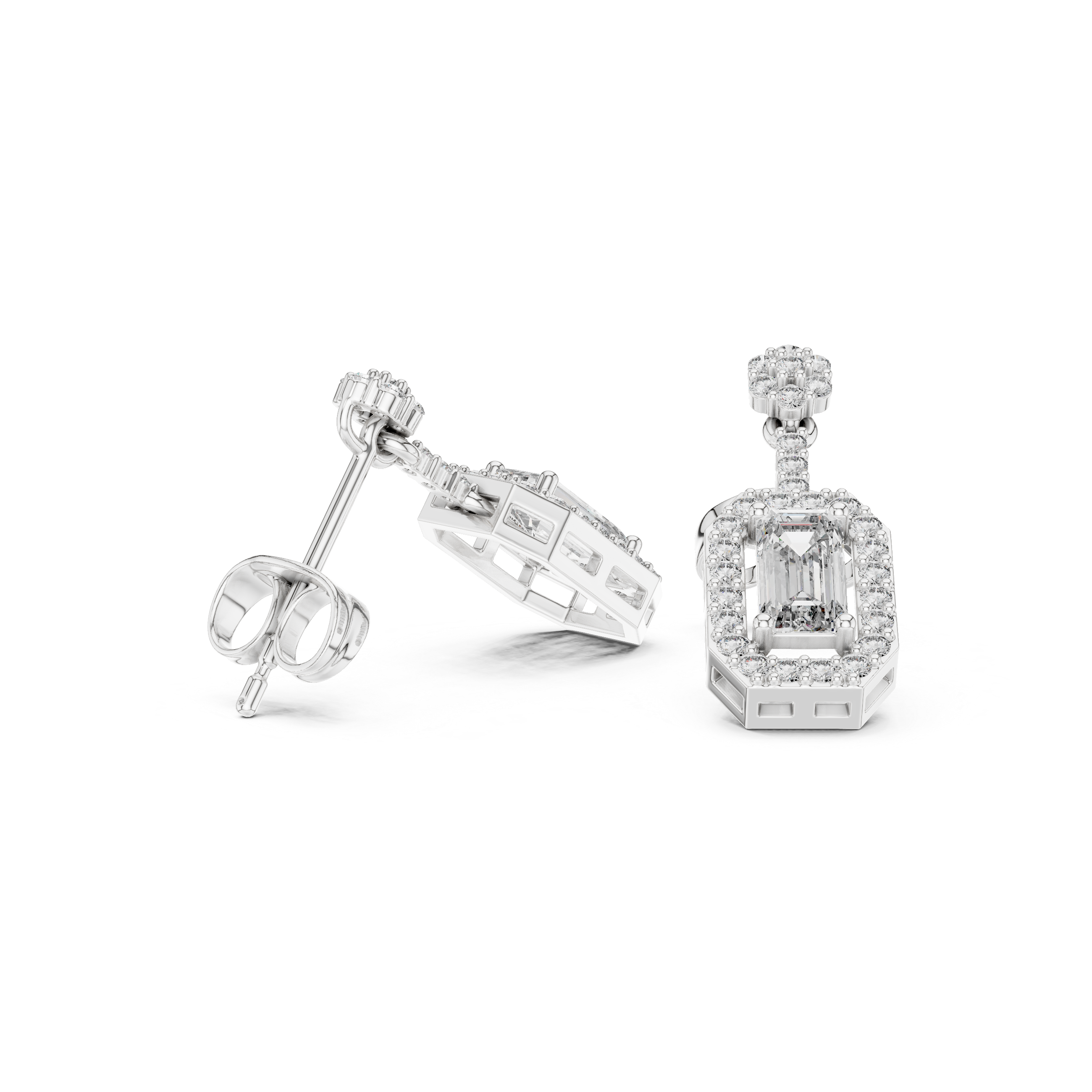 White gold drop earrings with rectangular crystal center and pavé halo