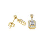 Yellow gold drop earrings shown from side, rectangular crystal center and pavé halo