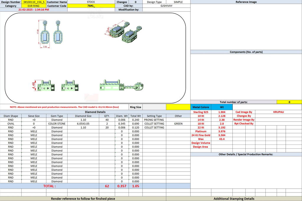 Earring design sheet showing components and assembly for dangling gemstone earrings