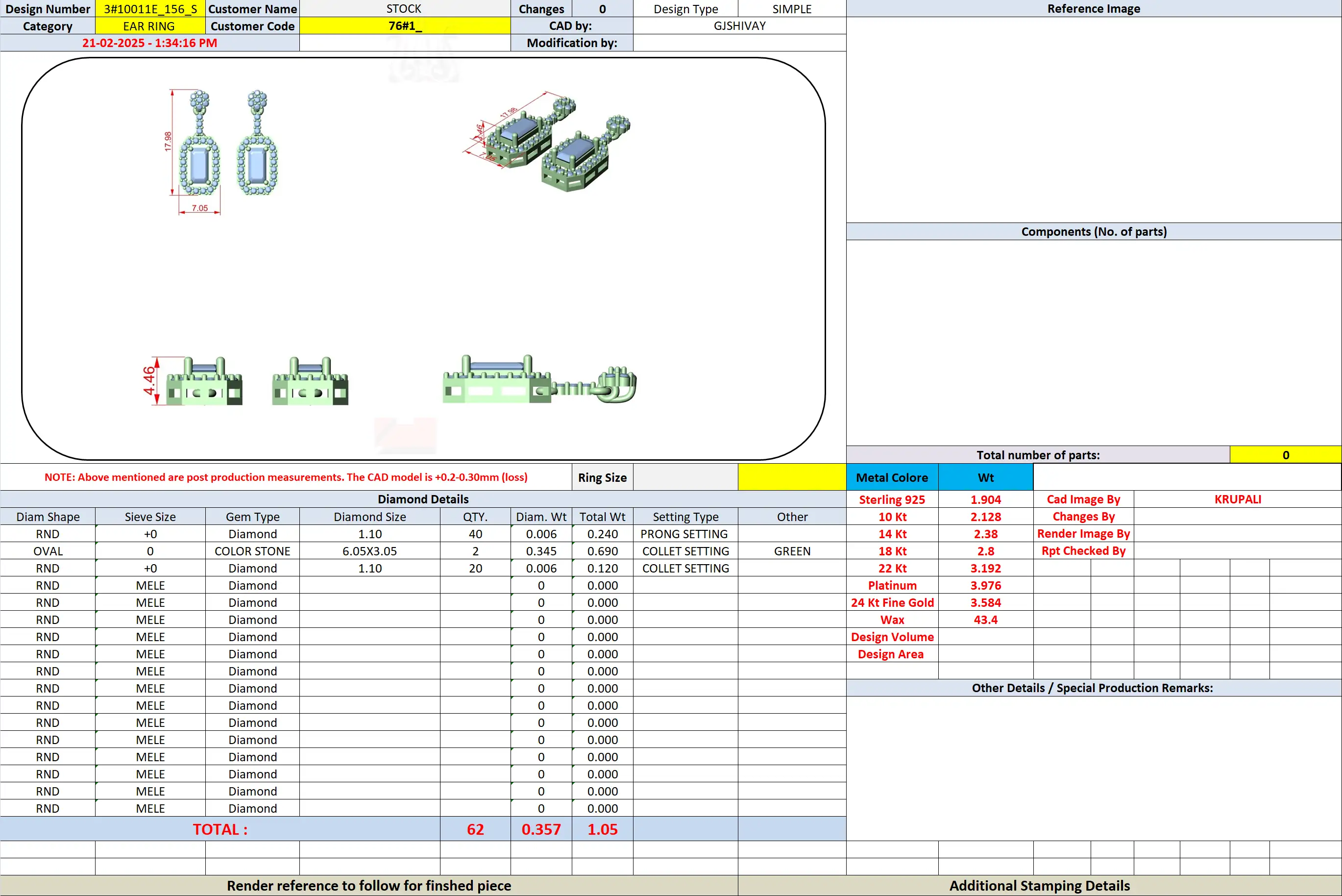 Earring design sheet showing components and assembly for dangling gemstone earrings