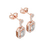 Rose gold emerald-cut diamond drop earrings with pavé halo, geometric frames