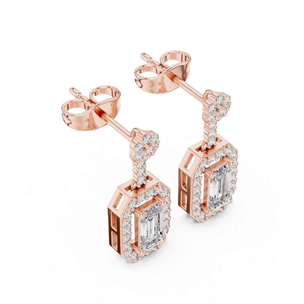 Rose gold drop earrings with rectangular center stones and sparkling halo frames