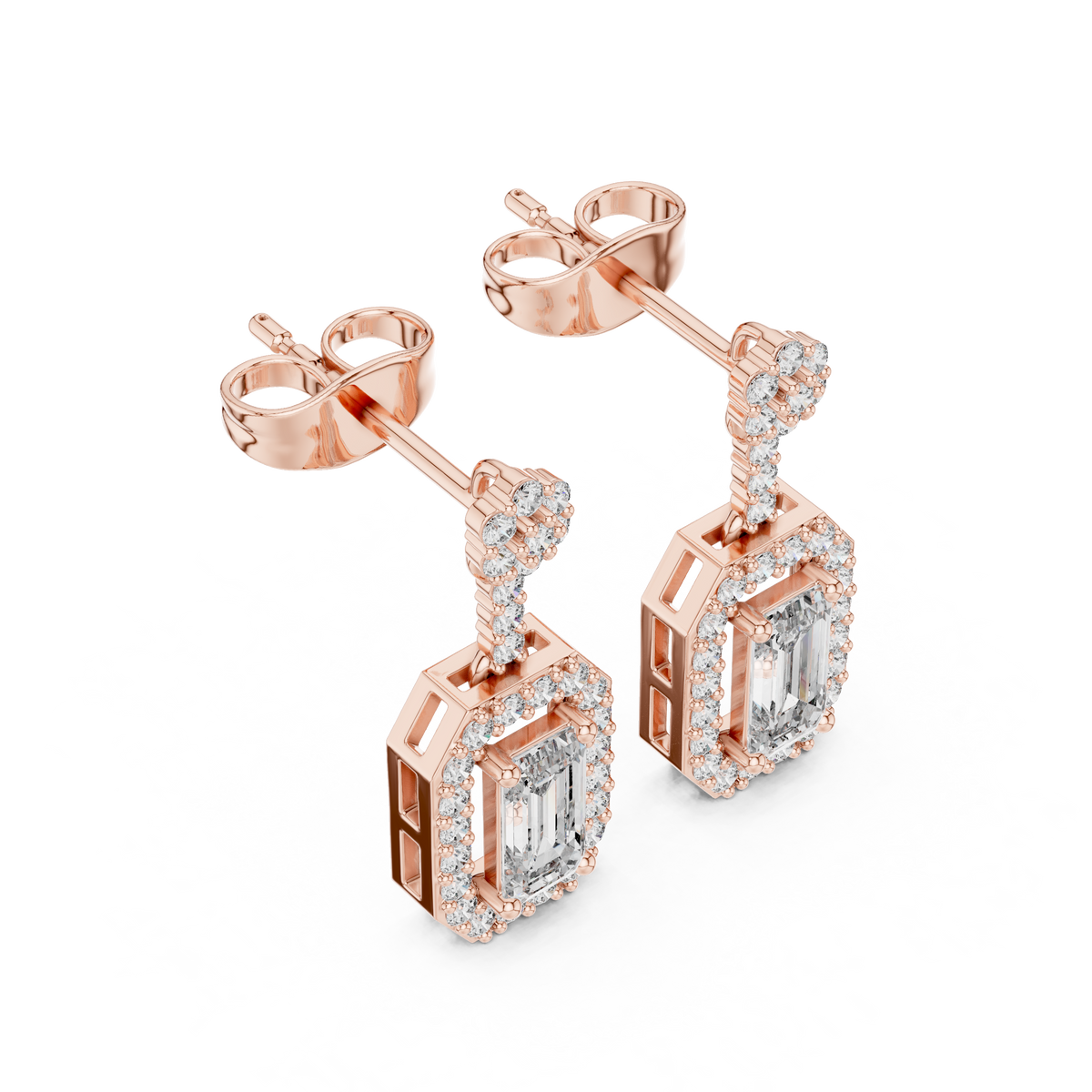 Rose gold emerald-cut diamond drop earrings with pavé halo, geometric frames
