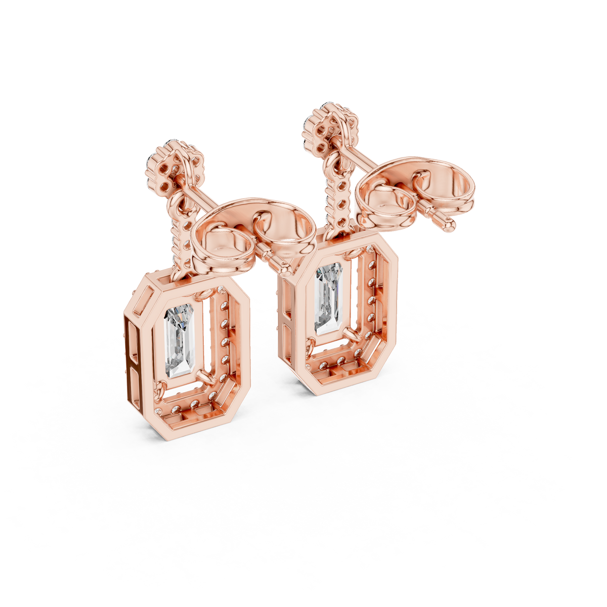 Rose gold emerald-cut diamond drop earrings, side view of rectangular settings