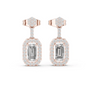 Rose gold dangling earrings with emerald-cut center, pavé halo and hoop back