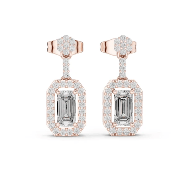 Rose gold dangling earrings with emerald-cut center, pavé halo and hoop back