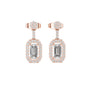 Rose gold emerald-cut diamond drop earrings with pavé oval frames and studs