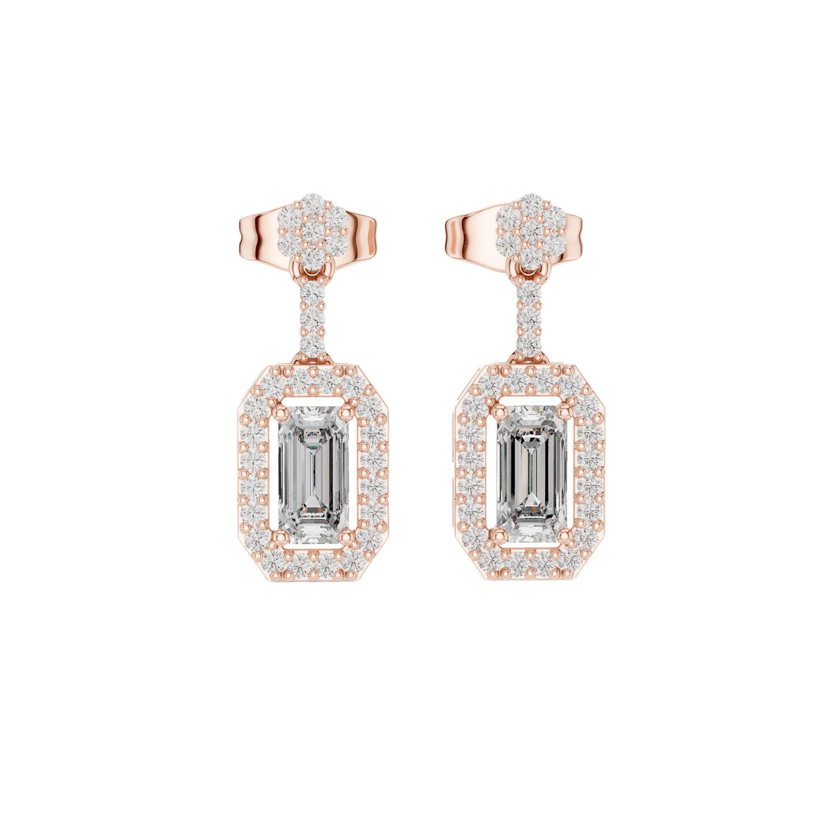 Rose gold emerald-cut diamond drop earrings with pavé oval frames and studs