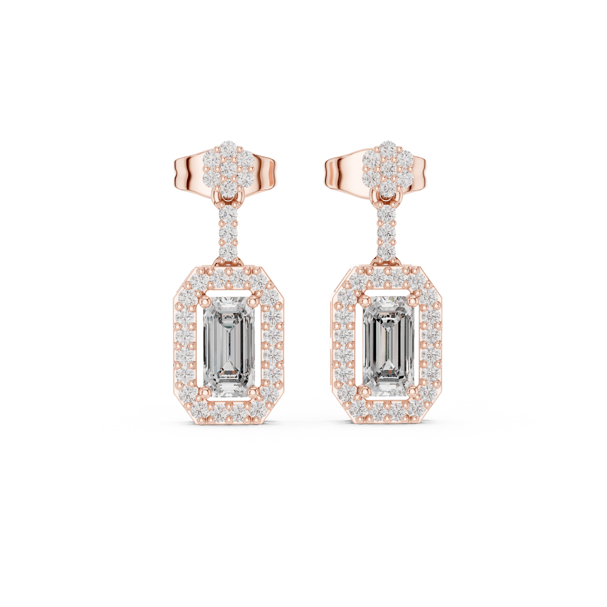 Rose gold emerald-cut diamond drop earrings with pavé oval frames and studs